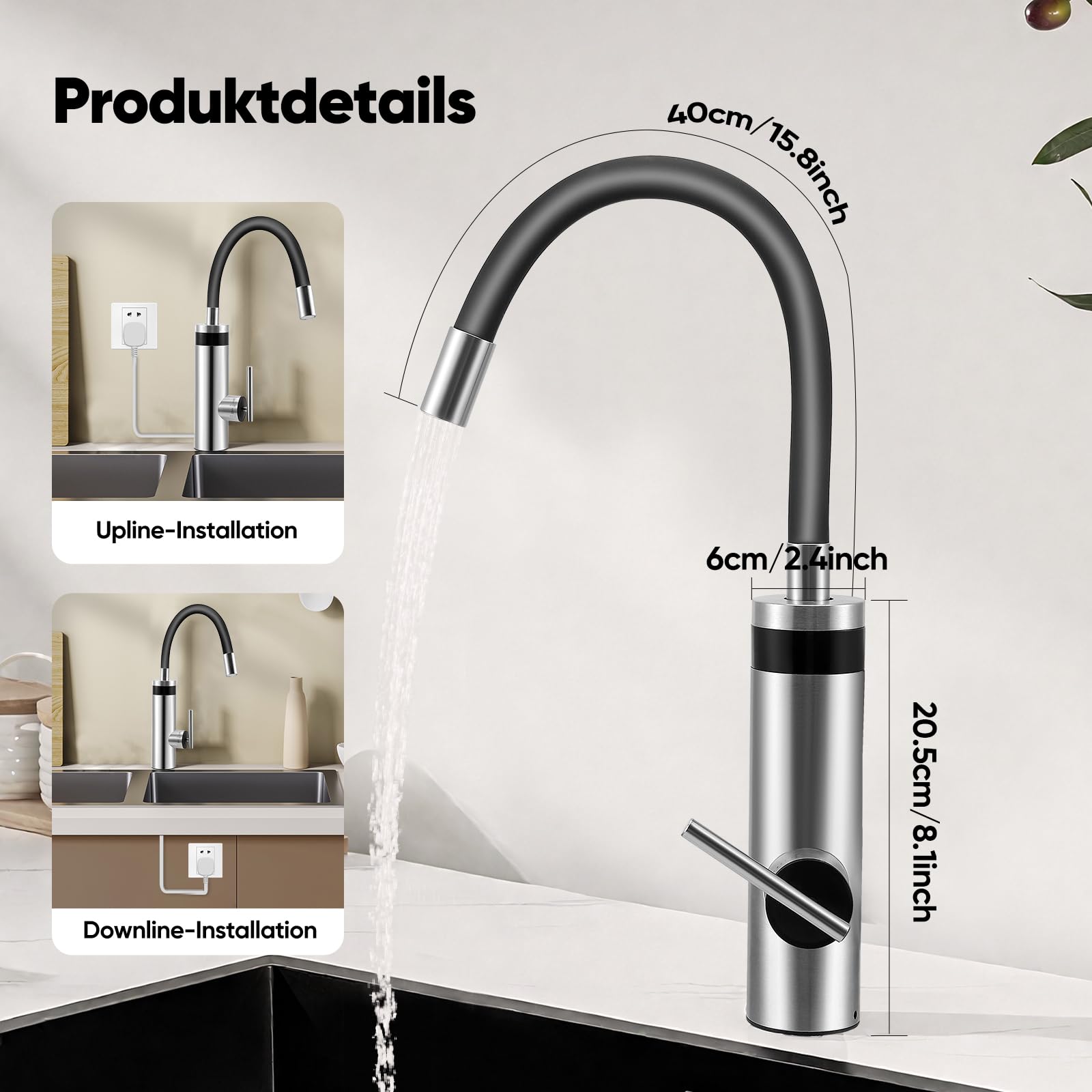 Robinet électrique 3000W avec Chauffe-Eau instantané 360° pivotant Acier Inoxydable Cuisine Affichage LED température Eau Chaude immédiate mitigeur Chauffant pour Camping