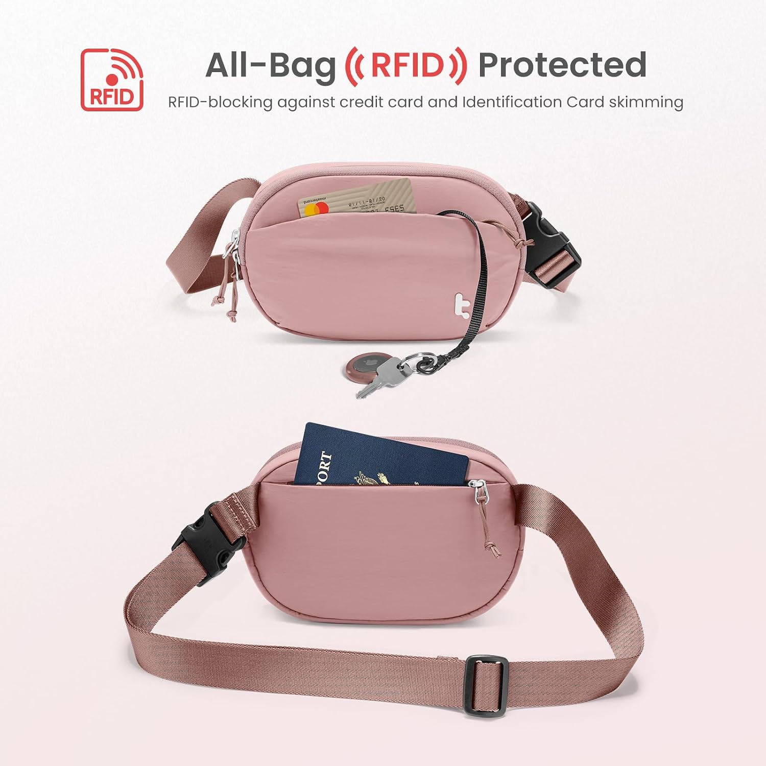 tomtoc Belt Bag with RFID Blocking, Cross Body Fanny Pack for Women Men, Sling Waist Bags with Adjustable Strap for Travel Walk