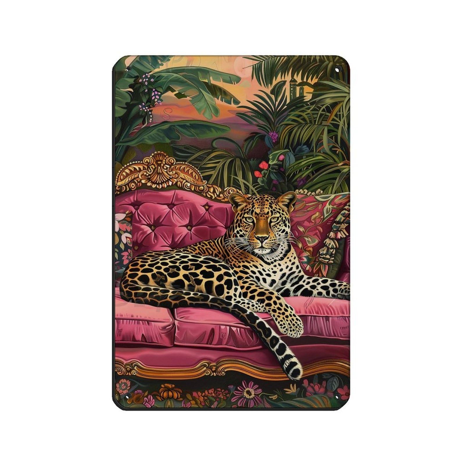 Tropical Leopard On The Sofa Poster Retro Poster Metal Tin Sign Chic Art Retro Iron Painting Bar People Cave Cafe Family Garage Poster Wall Decoration 8x12inch(20x30cm)