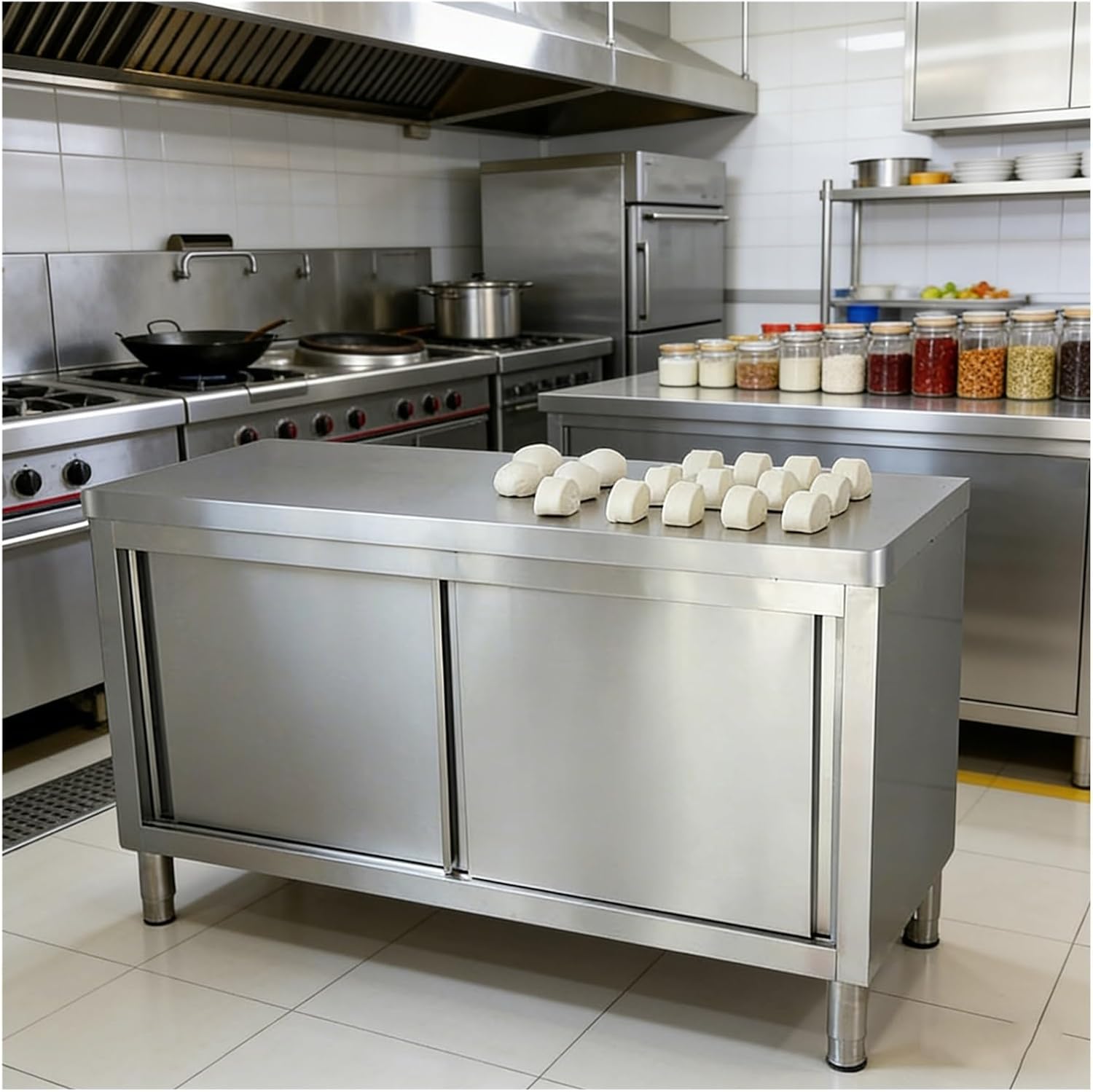 Stainless Steel Work Bench with Rounded Corners and Adjustable Feet Restaurant Works Table with Sliding Doors Multi-Tier Storage Shelves Worktop with Support Beams