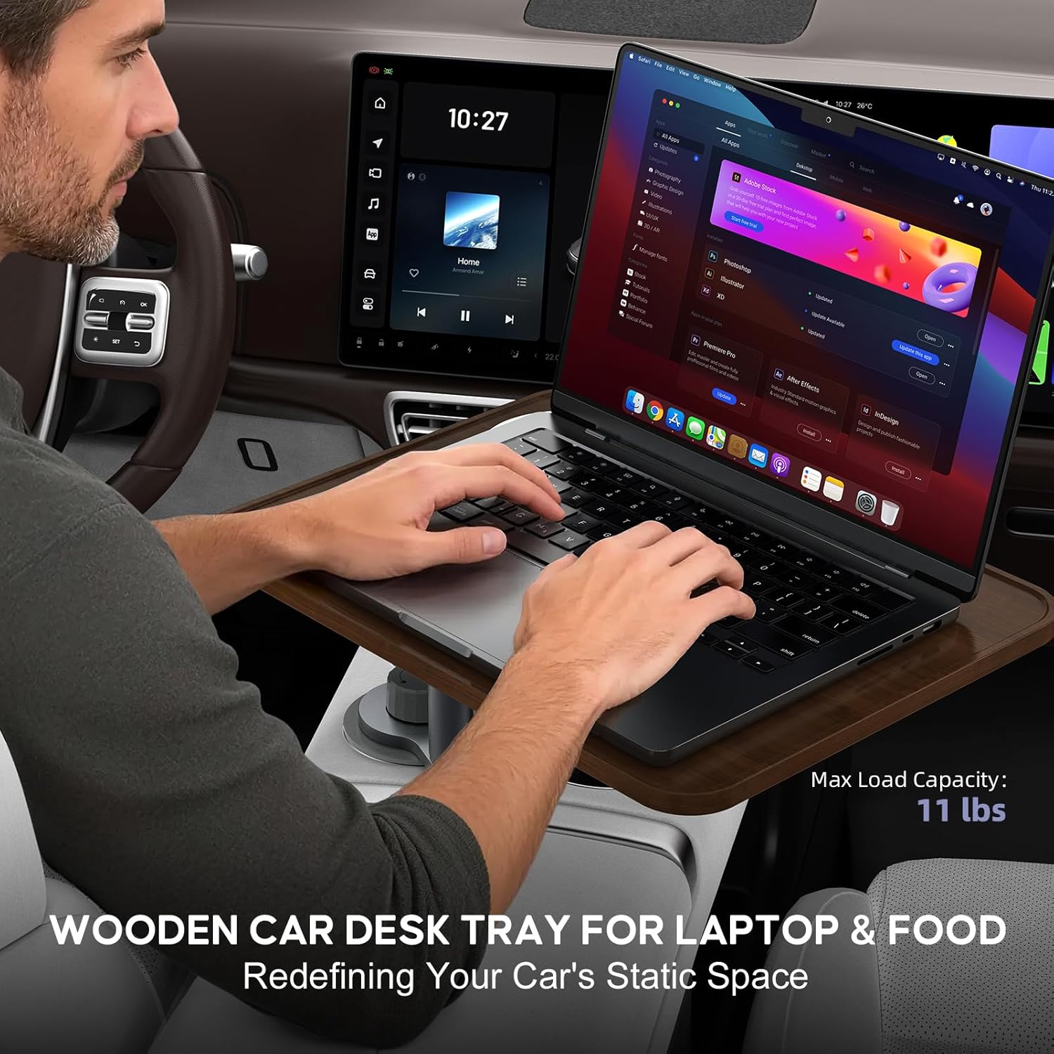 Car Desk Car Tray for Laptop & Food, Wooden Cup Holder Table with Adjustable Height, Car Accessories for Women & Men 360° Rotatable Steering Wheel Tray for Tesla Model Y/3/S, Ford F150 & Most Vehicles