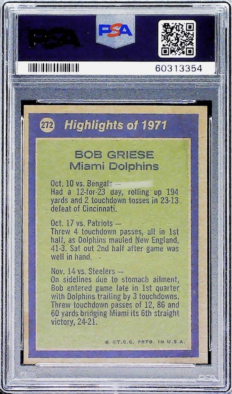 1972 Topps Football #272 Bob Griese ALL PRO Miami Dolphins PSA 6 EX-MT Trading Card