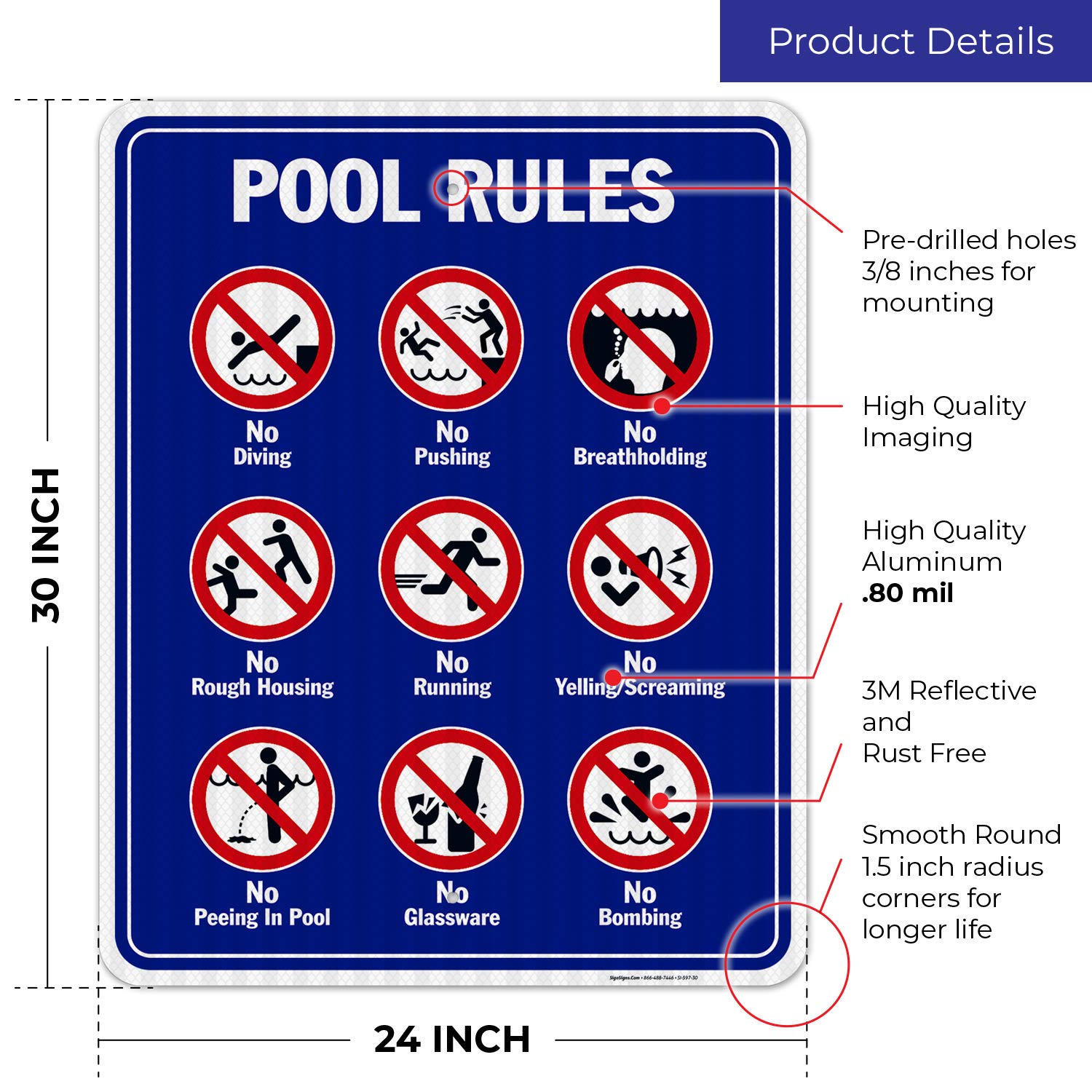 Pool Rules Sign, No Diving No Pushing No Running No Peeing in Pool 24x30 Inches, 3M EGP Reflective .080 Aluminum, Fade Resistant, Indoor/Outdoor Use, Made in USA
