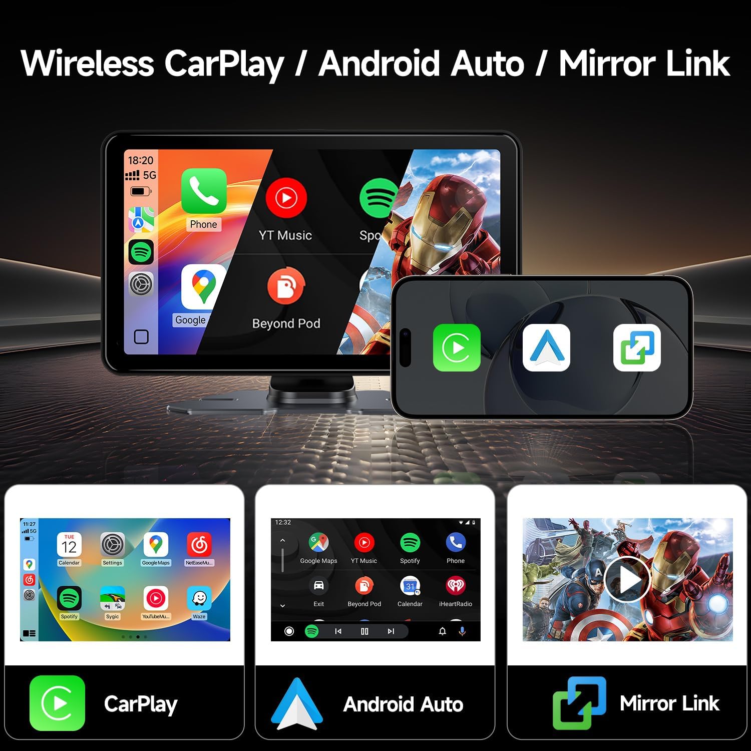 Carplay Screen for Car with 4K Dash Cam, 7'' Portable Wireless A-pple CarPlay & Android Auto Touchscreen with 1080P Backup Camera, Mirror Link/Bluetooth/GPS Navigation/Siri/FM for All Vehicles