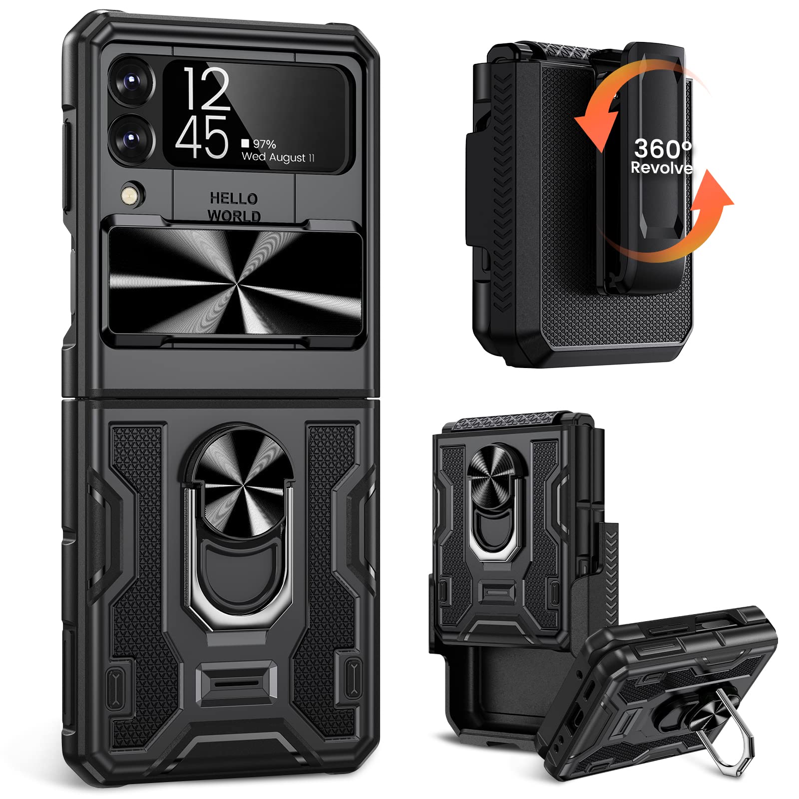Caka for Z Flip 4 Case, Galaxy Z Flip 4 Case with Belt-Clip Holster Built-in 360°Rotate Ring Stand Magnetic Case for Samsung Galaxy Z Flip 4 -Black