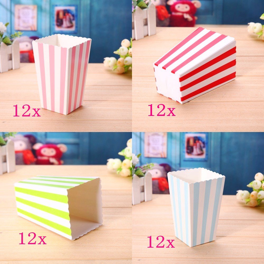 12 pezzi/pacco, scatole per popcorn di carta rosa, scatola di caramelle a pois a strisce per bomboniere, ideale per il carnevale del cinema a casa  15