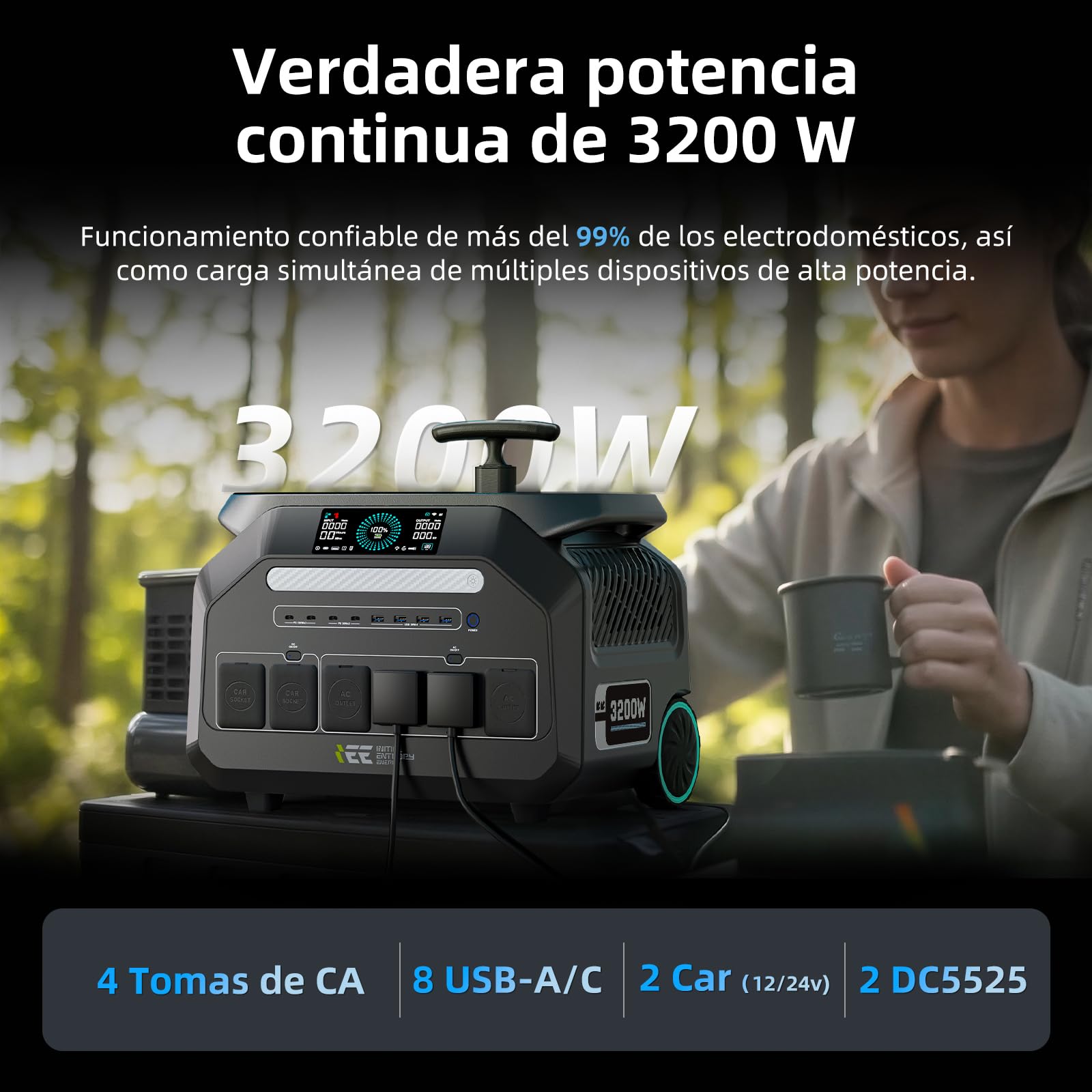 IEE 3200W Estacion de Energia Portatil P3200, 2048Wh Generador Electrico Solar Batería LiFePO4, Aplicación, 16 Puertos, Portable Power Station para Camping, Viajes, Emergencia
