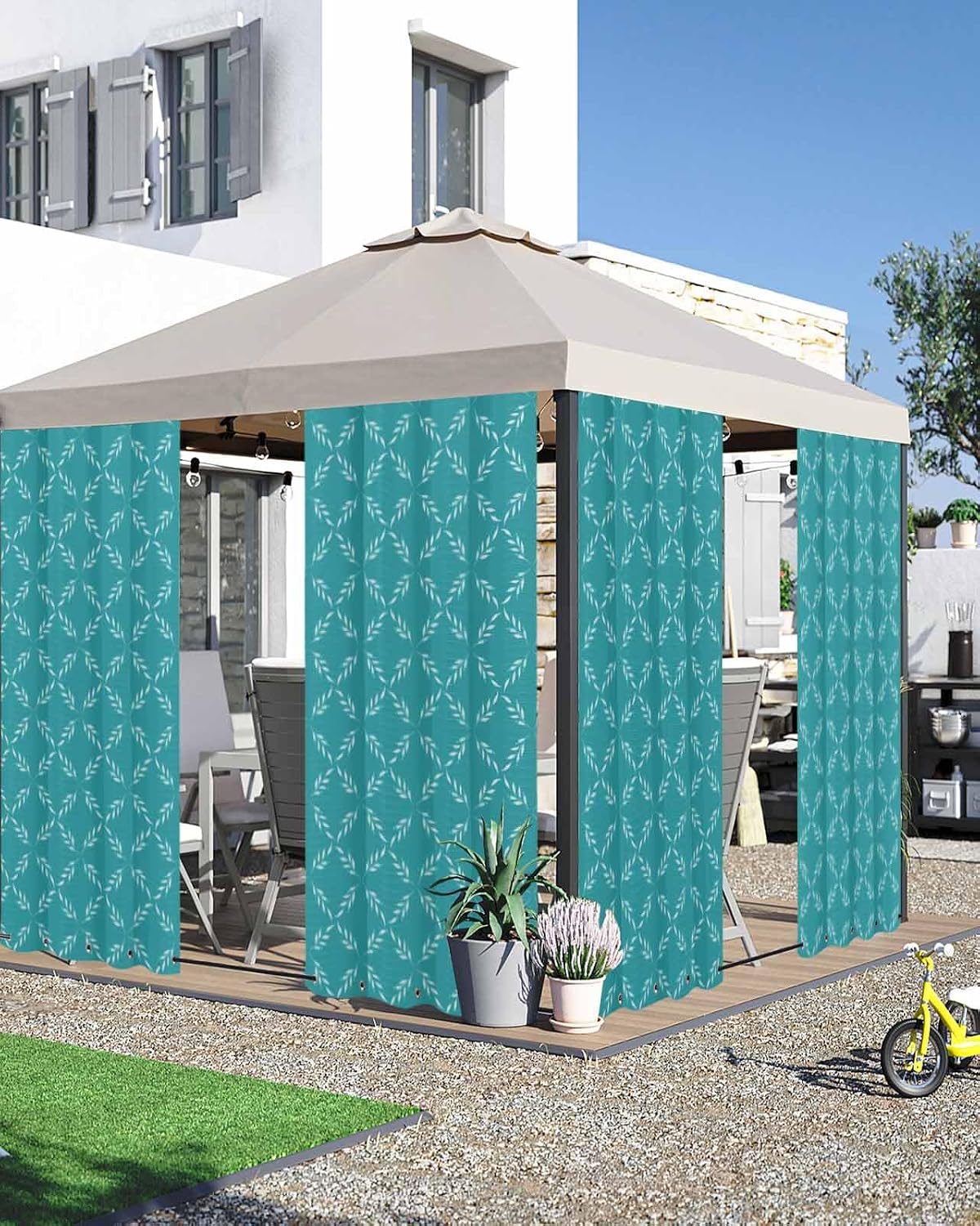 Turquoise Outdoor Curtain Waterproof With Tiebacks Grommets Outside Drape 108x84,Privacy Patio Sunlight Blocking Shade Drapery For Porch Balcony Soild Geometric Diamond Grid Checkered Minimalist Plaid