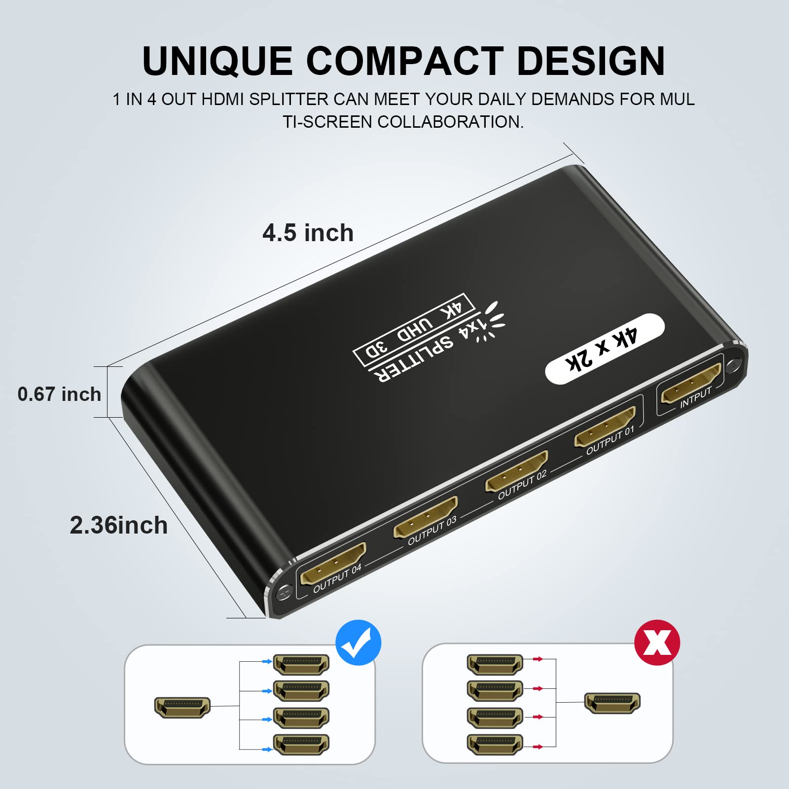 HDMI Splitter 1 in 4 Out 4K@30Hz 4-Port Powered Duplicator for PC Xbox PS4