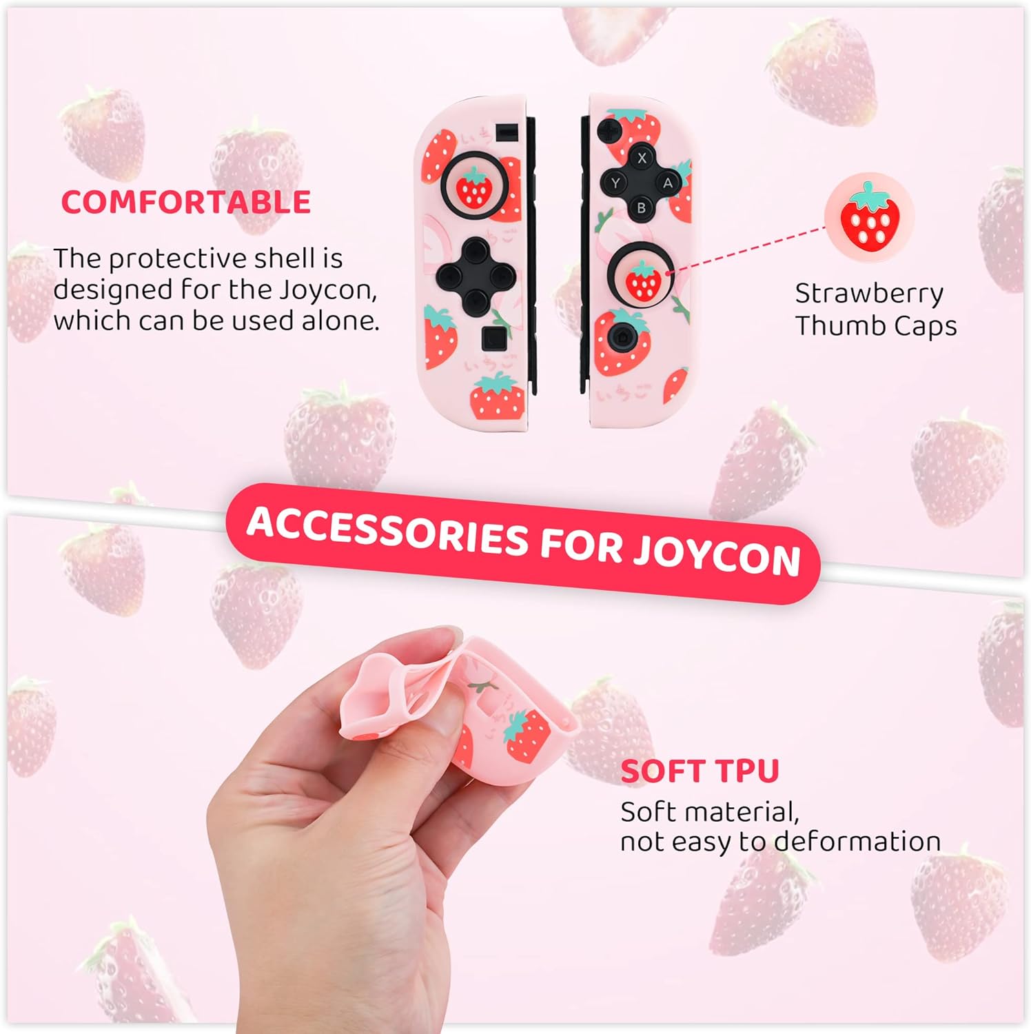 FANPL Pink Carrying Case for Nintendo Switch and Switch OLED Cover, Strawberry Travel Case Bundle with 2 Joy con Shells, 2 Thumb Grip Caps, Adjustable Shoulder Strap, Portable Switch Accessories Bag - Image 3