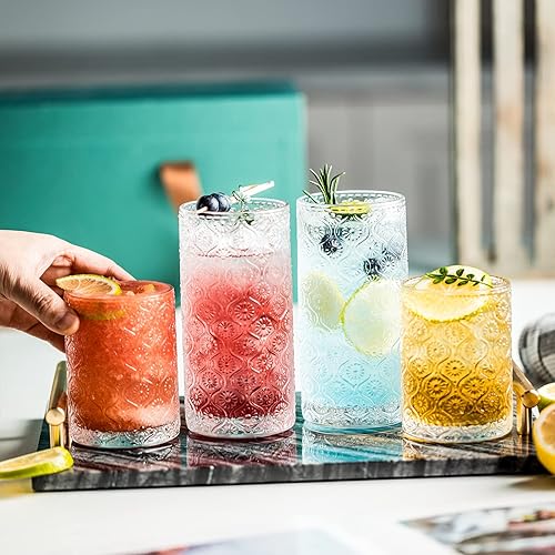 Miniatura 4 de Juego de 4 vasos de vidrio vintage, vasos de 9 onzas, estilo estampado en relieve, transparentes, para café helado, jugo, cerveza, bebidas de bar,