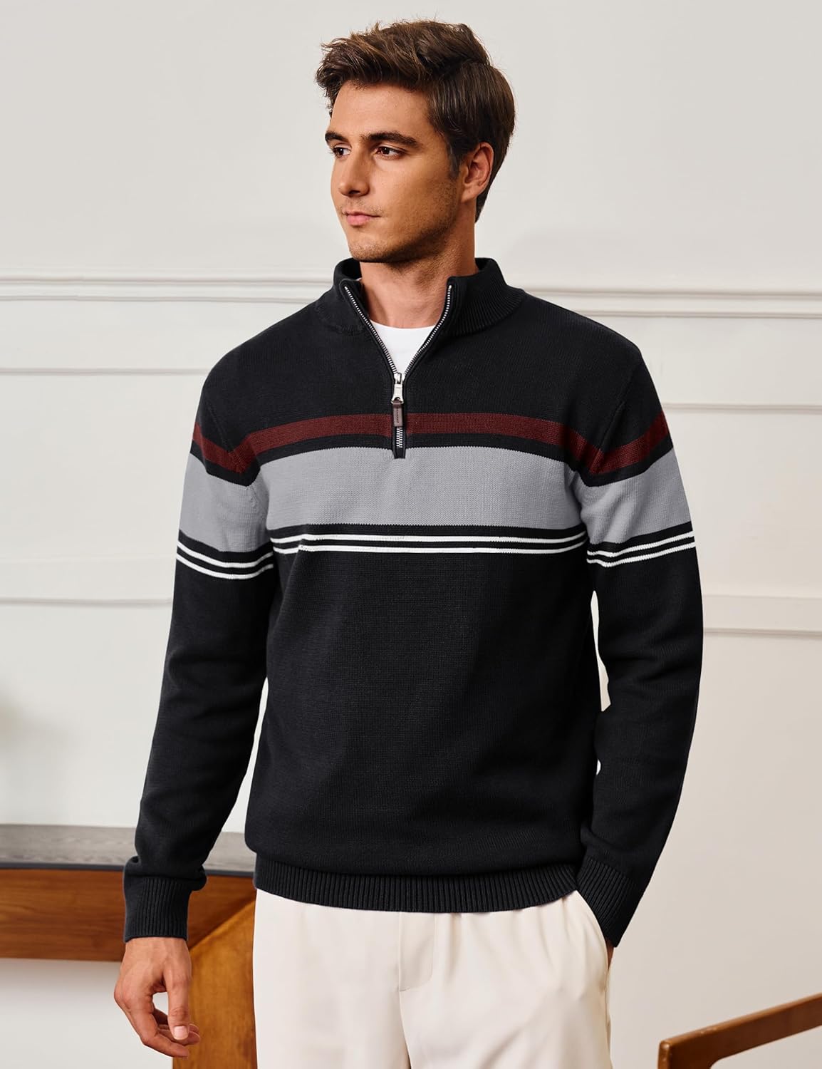 CRYSULLY Mens Sweater 1/4 Zip Cotton Polo Pullover Sweaters Casual Fall Winter Spring Striped Sweatshirts - Image 2