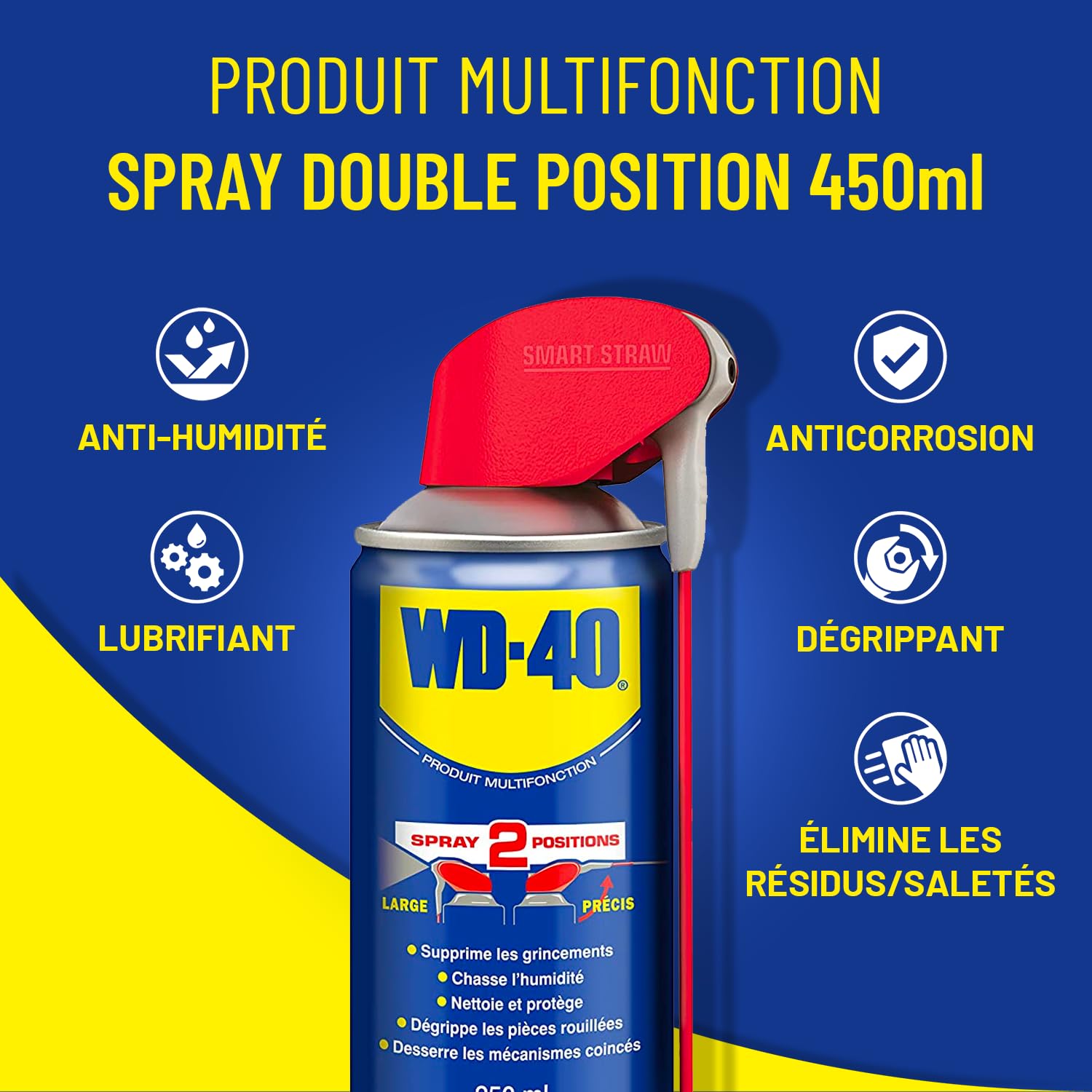WD-40 Spray Multifonction Double Position 450 ml Sans Silicone Non Conducteur