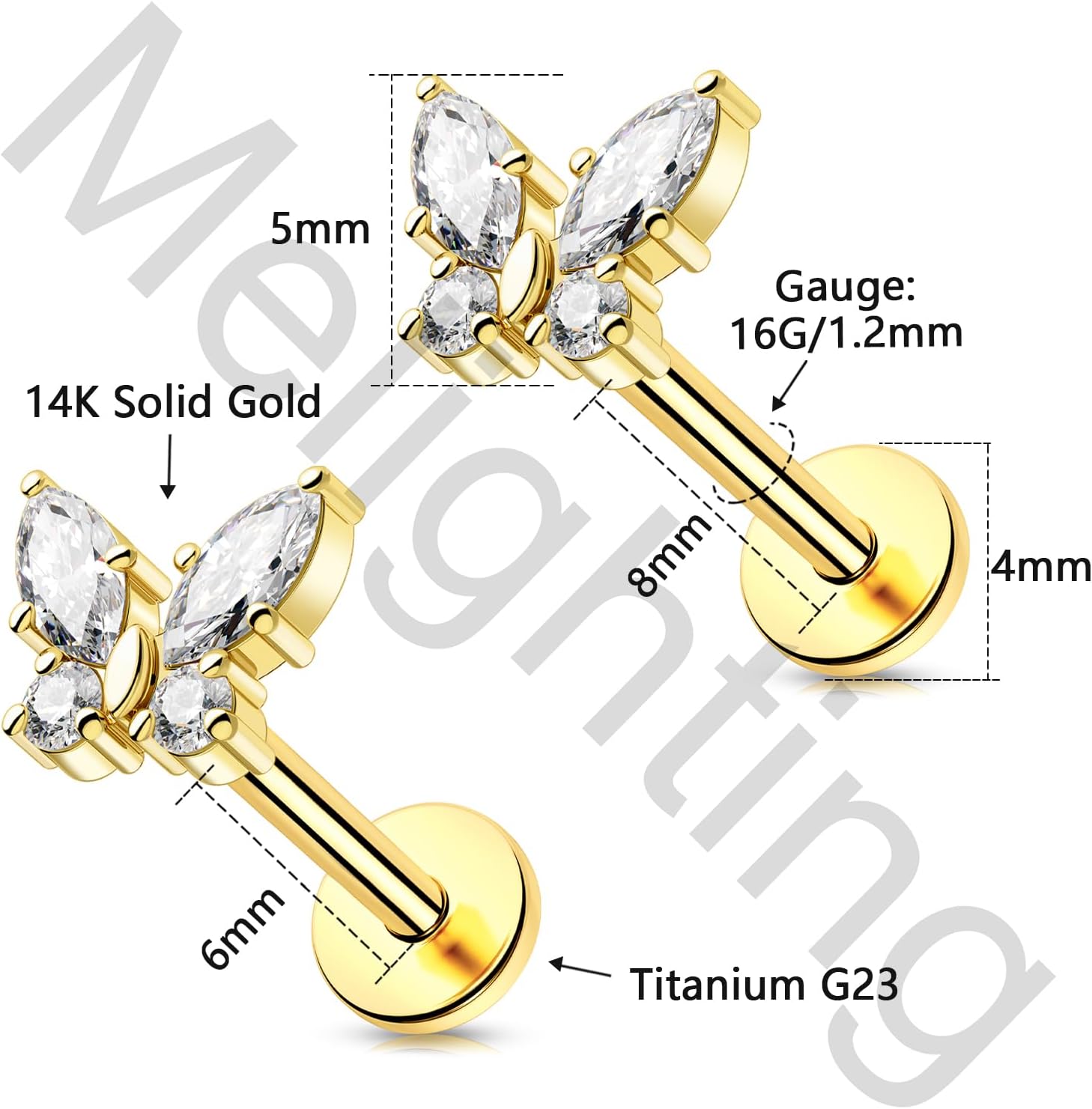 Melighting 14K Solid Gold Butterfly Cartilage Earring - Titanium Threadless Push In Earring - 16G Flat Back - 6/8 mm Helix Piercing for Women - Image 6