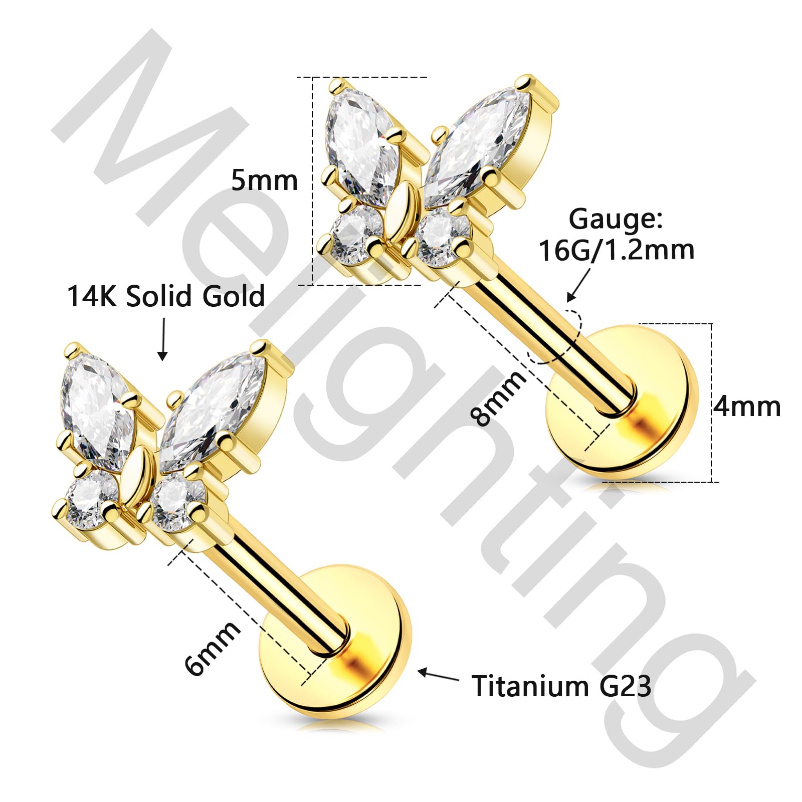Melighting Schmetterling Flach Rücken Ohrring 16G Helix Stud 14K Gelbgold Knorpel Ohrringe CZ Threadless Tragus Piercing Schmuck