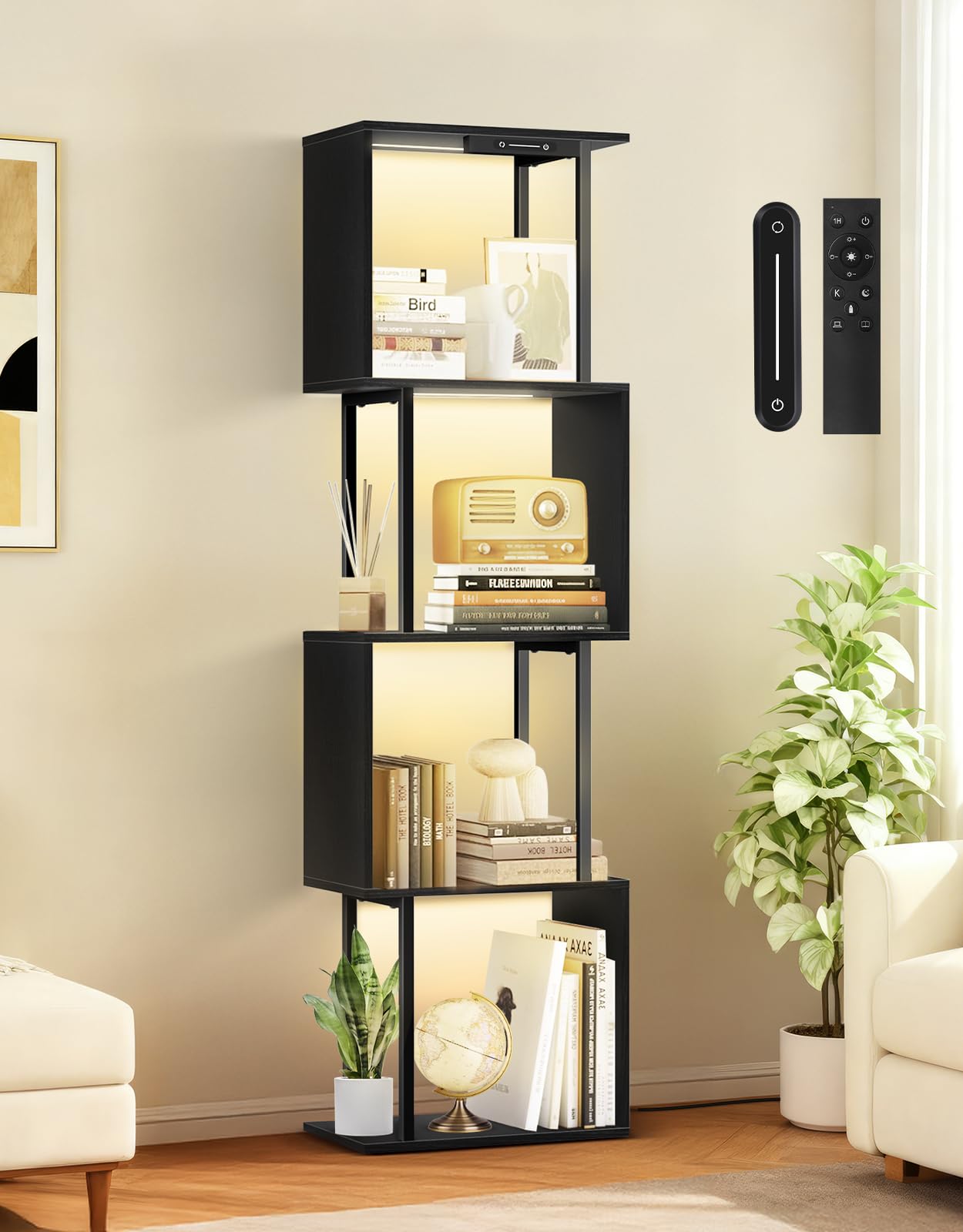 Libreria a Forma di S a 5 Ripiani con Luce LED, 3 Temperature di Colore, Controllo Touch e Telecomando, Intensità Regolabile, Scaffale da Esposizione per Soggiorno, Camera e Ufficio
