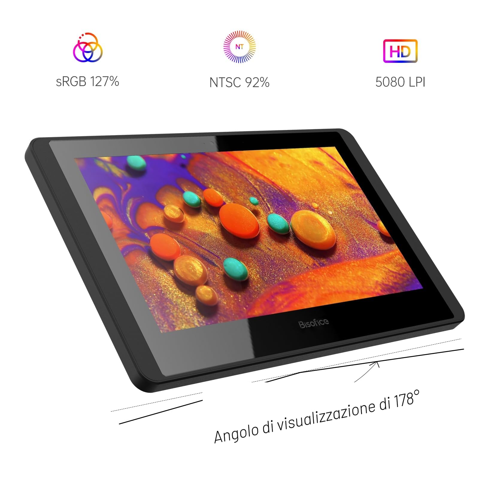 Bisofice 12HD-A Tavoletta Grafica con Schermo Professionale, Display HD 1920×1080 da 11,6 pollici, con Stilo Senza Batteria, per Disegno Digitale e Fotoritocco, Supporta Windows e Mac