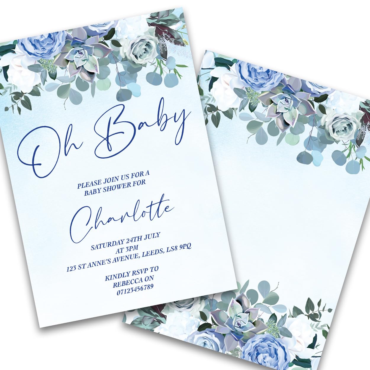 Paper Themes Personalised Baby Shower Party Invitations (Blue Florals 12pk)