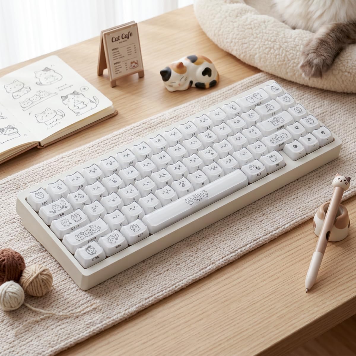 Crystal Jelly White Keycaps,119 Keys Cute Chiikawa Keycap, Side Printed Shine Through Keycaps Mao Profile Cat Shape Custom Keycap for 61/68/84/87/98/100 Cherry Gateron MX Swithes Mechanical Keyboard