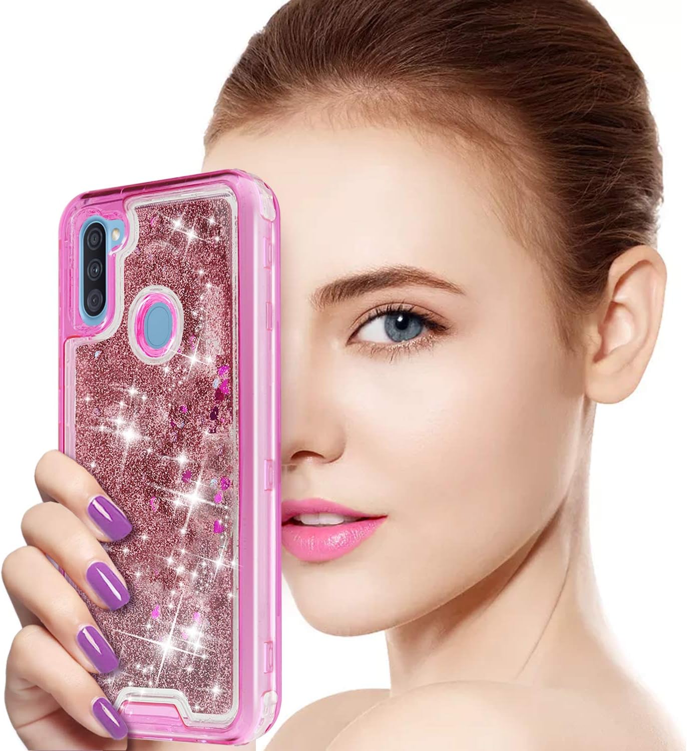 TJS Compatible with Samsung Galaxy A11 Case, Transparent Liquid Glitter Snap On Hybrid Moving Quicksand Bumper Drop Protector Cover Phone Case (Pink)