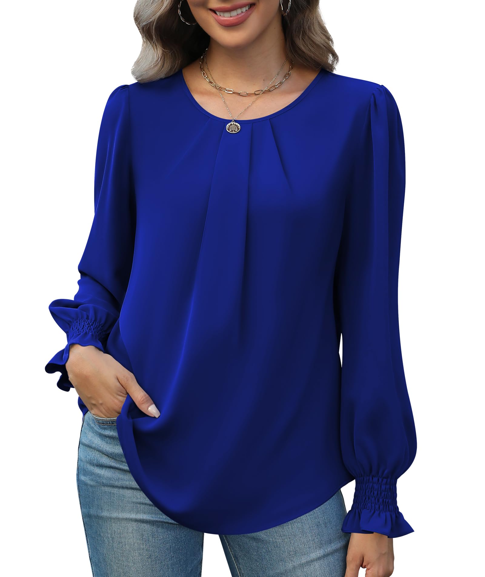 Funlingo Womens Tops Dressy Casual Smocked Long Sleeve Shirts Crew Neck Loose Chiffon Tunics Office Work Blouses