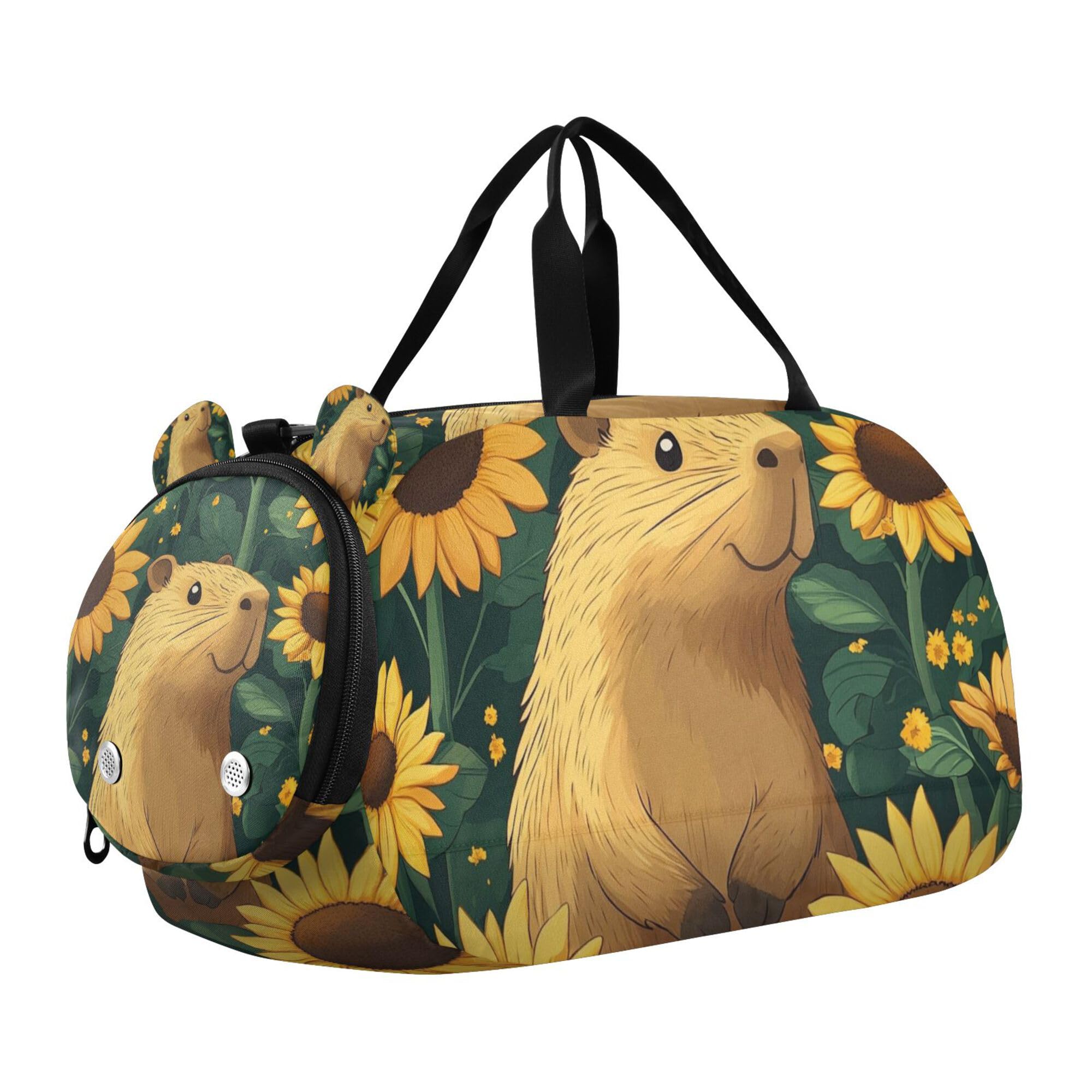 Glaphy Capybaras Sunflowers Duffle Bag for Toddler Boys Girls, Gym Sports Bag with Shoe Compartments, Kids Travel Overnight Weekender Shoulder Bag