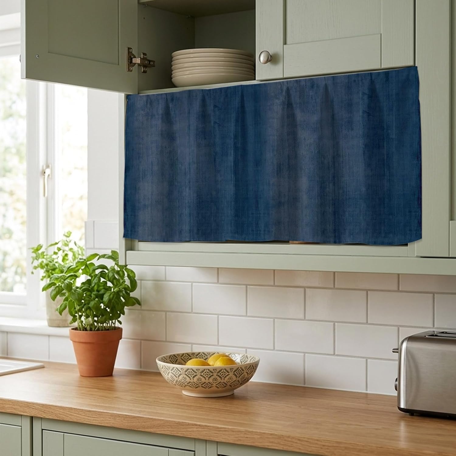 Cabinet Curtains 28" W x 35" L, Vintage Navy Blue Sink Skirt for Bathroom Kitchen Self Adhesive, Modern Abstract Retro Art Desk Privacy Short Curtain for Vanity Laundry Room Shelf
