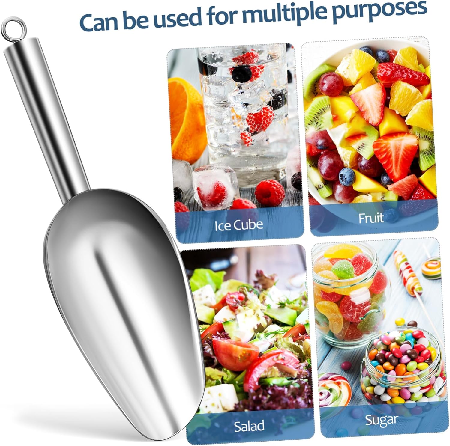 Stainless Steel Ice Scoop Kitchen Grain Scoop with Ergonomic Handle Mirror Finish Loop for Pet Food Coffee Beans Flour and More
