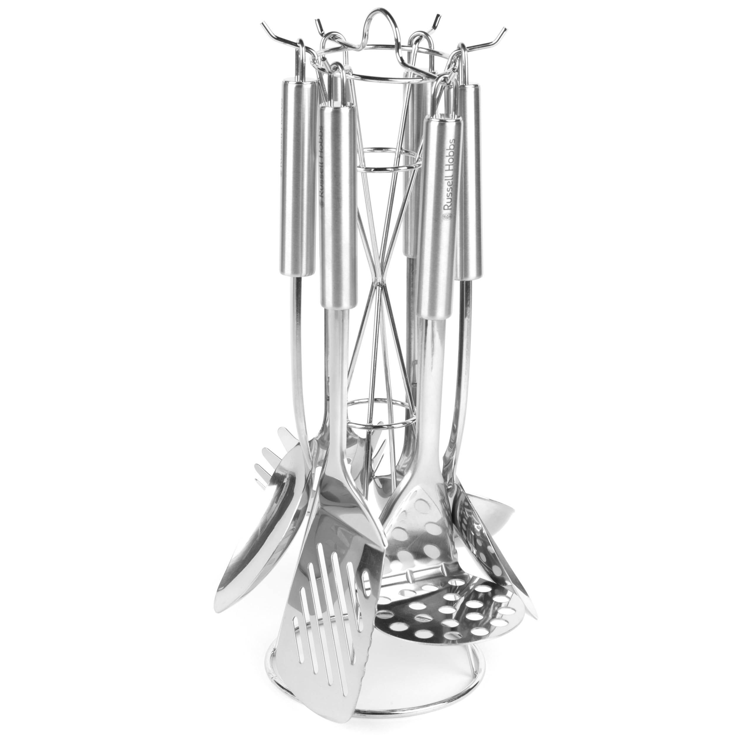 Russell Hobbs 6-Piece Kitchen Utensil Set – Stainless Steel Kitchen Tools with Holder, Includes Soup Ladle, Spaghetti Spoon, Slotted and Solid Spoon, Slotted Spatula and Potato Masher