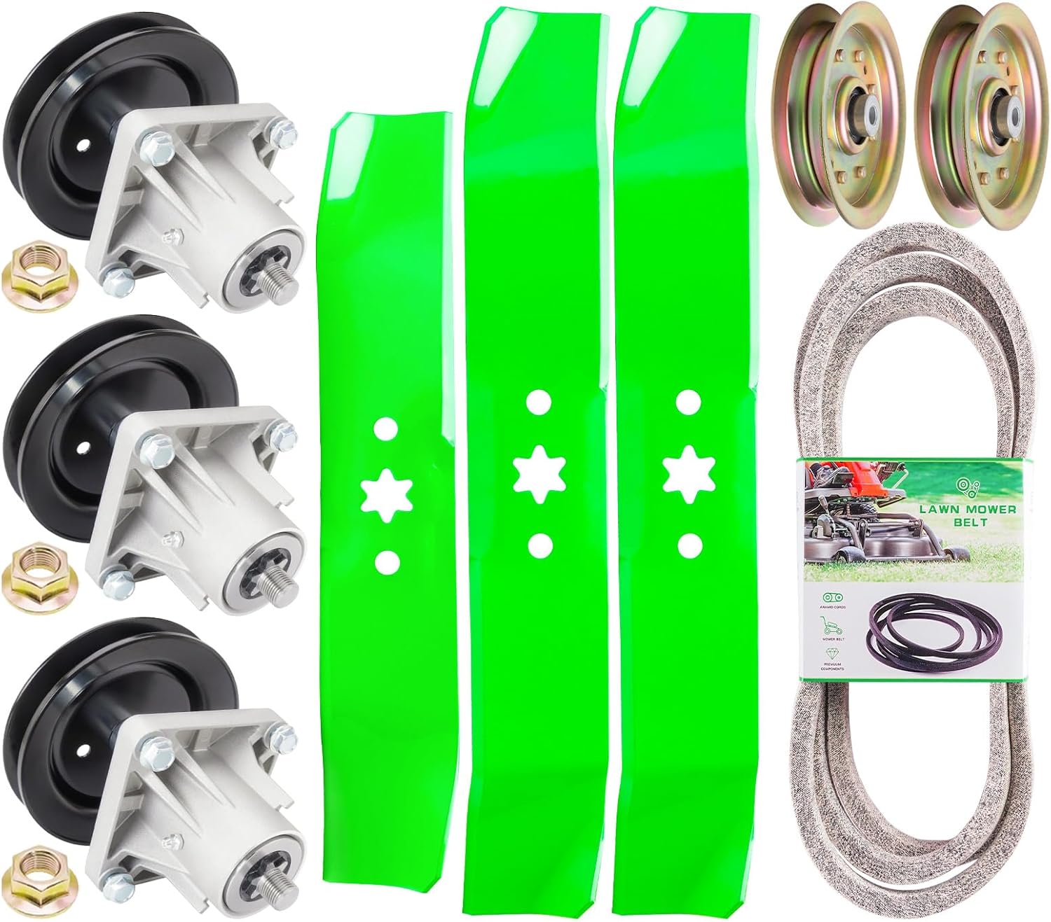 46'' Deck Rebuild Kit Fits Cub Ca det i1046 LT1045 LT1046 MTD 13AP605H755 3 Spindles (918-0660 618-0660) 3 Blades (742-04125 742-04124) 2 Idler Pulley (756-04129B) 1 Belt (754-04118)
