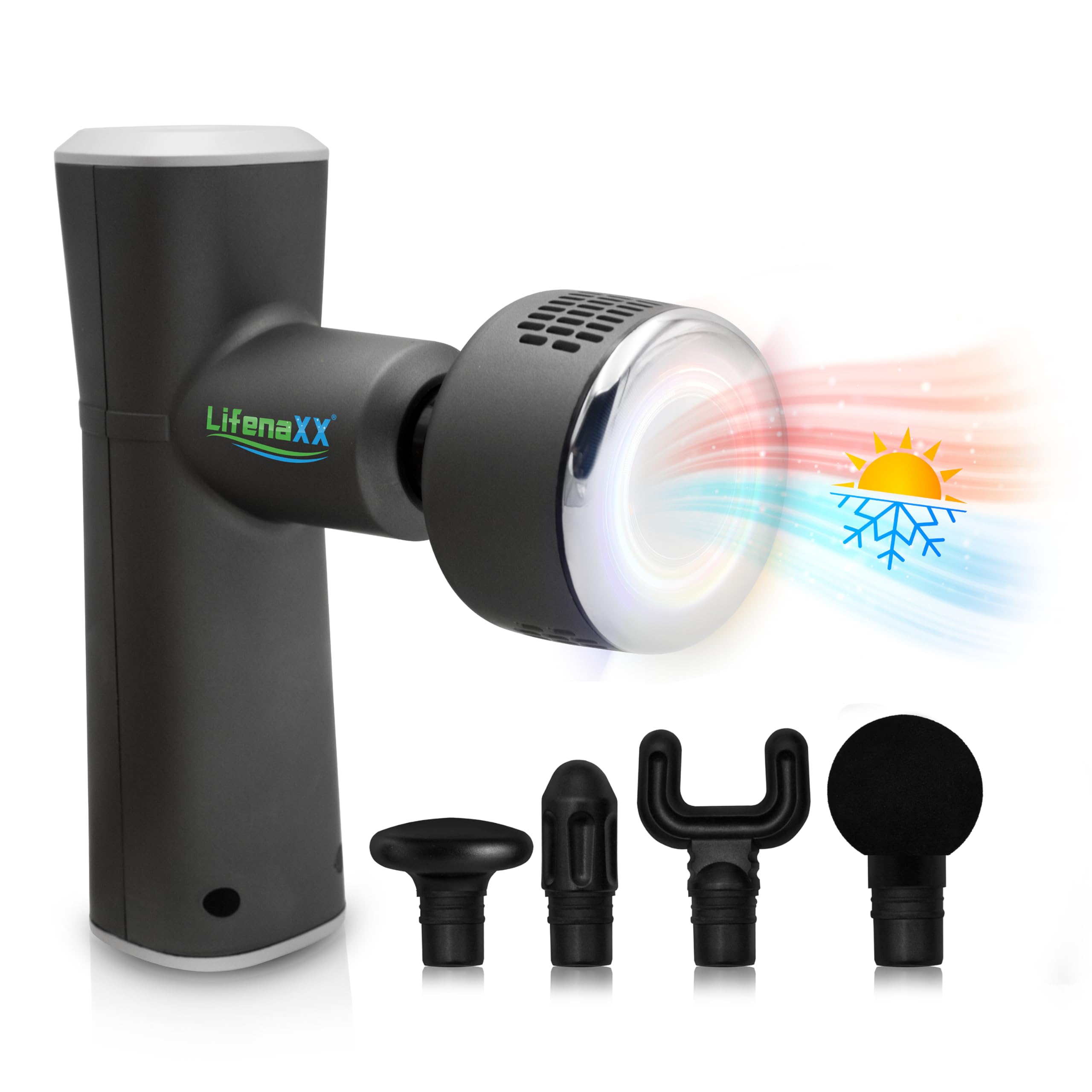 Lifenaxx Muskel-Massagegerät Wärme-Kälte-Therapie Pro LX-041 - Massagepistole mit Wärmefunktion & Kältefunktion in 6 Stufen, 5 Massageköpfe, 2000mAh Batterielaufzeit
