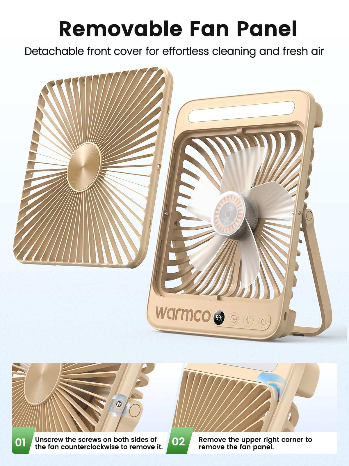 Warmco D4 Max Ventilador Camping 20000mAh, Carga Rápida 45W | Hasta 37H, Ultrafino 4,5 cm, 4 Velocidades, Linterna LED Y Gancho Para Camping, Dormitorio, Oficina Y Viaje