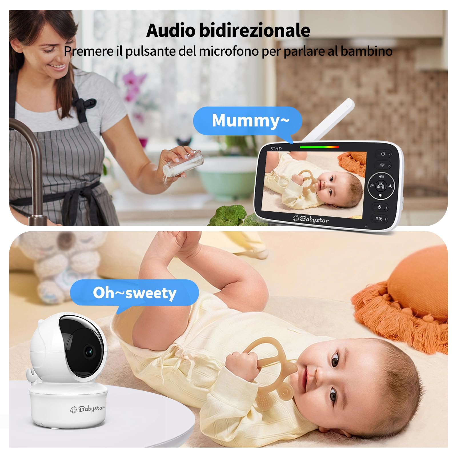 Babystar Babyphone con fotocamera da 5 pollici, 720P, video HD, senza Wi-Fi, con fotocamera e audio, batteria da 4000 mAh, funzione vox, sensore di temperatura, visione notturna, audio a 2 vie