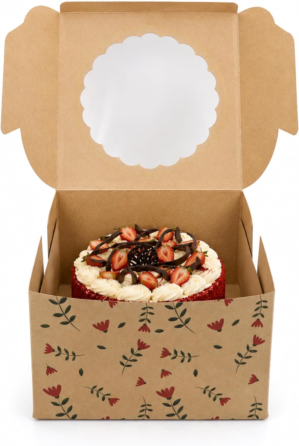 8x8x5 Kraft Cake Boxes with Window (10 Pack) – 8 Inch Square Bakery Packaging Box for Cakes, Cupcakes & Pastries – Disposable Cardboard Cake Carrier for Home Bakers & Small Business (Brown Red)