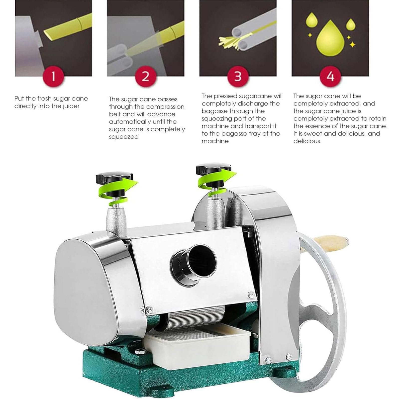 Macchina per spremitura commerciale in acciaio inox, macchina per spremitura della canna da zucchero, spremiagrumi manuale, 50 kg/h, porta di alimentazione da 2,48 pollici, 3 rulli in acciaio, per n