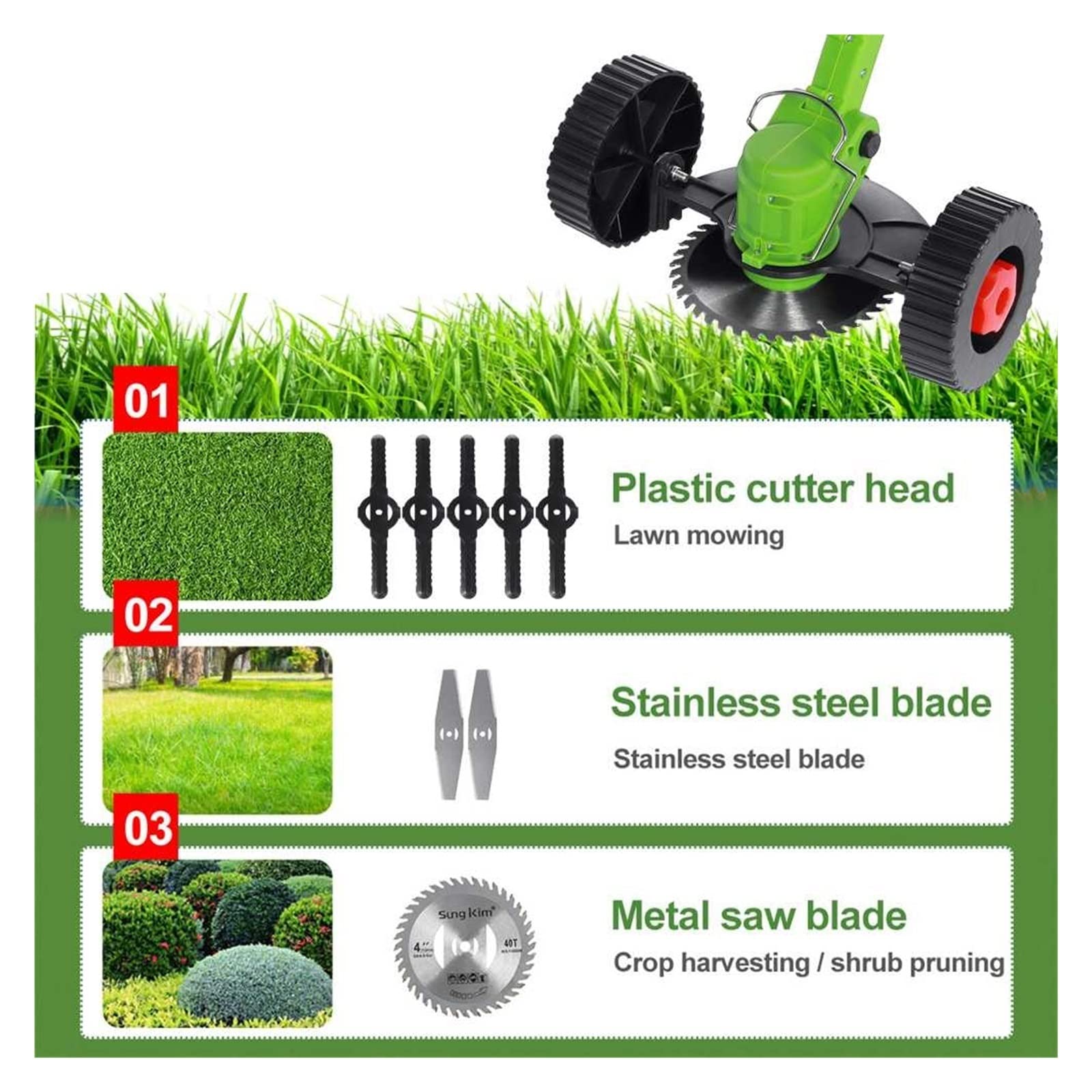 Cortacésped eléctrico inalámbrico de 1800W y 21V, cortacésped, Cepillo Malas Hierbas, Cortador Longitud Ajustable, Herramienta poda jardín,Mantenimiento eficiente del jardín(2 Battery-02)