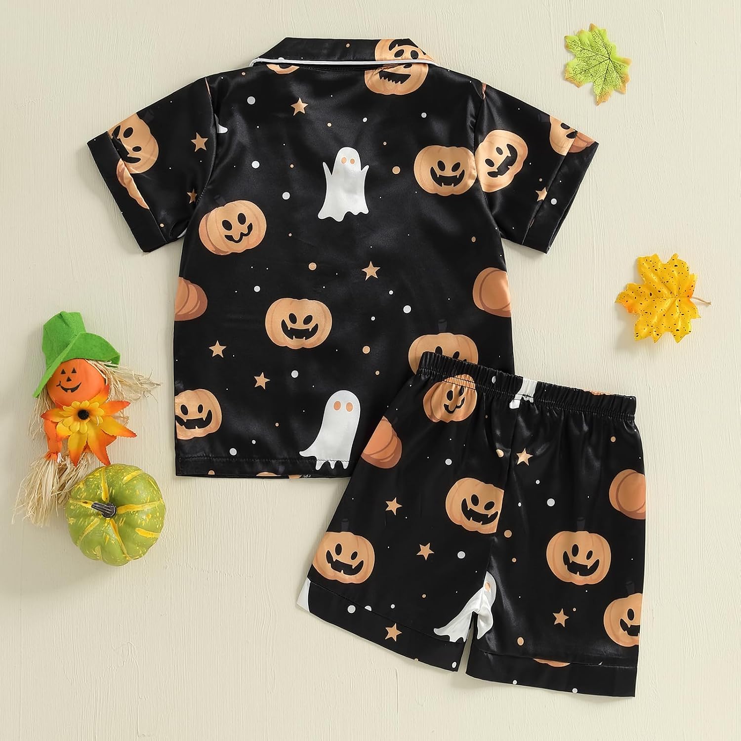 Toddler Kids Girl Boy Halloween Pajamas Fall Christmas Pjs Set Sleepwear | Skeleton Pumpkin Ghost Print Holiday Button Down Satin 2 Pieces Lounge Matching Halloween Pajamas for Toddler Baby Girls Boys