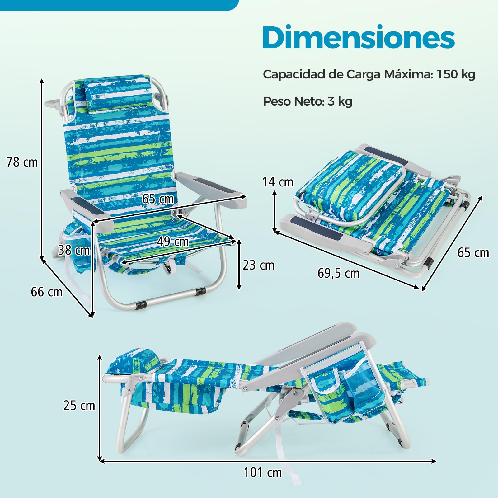 GOPLUS Silla Playa Plegable, Silla de Camping Ligera con Respaldo Ajustable en 5 Posiciones, Barra para Toallas, Portavasos, Almohada, Correas, Tumbona Exterior Reclinable, Carga 150 kg (Verde+Azul,2)