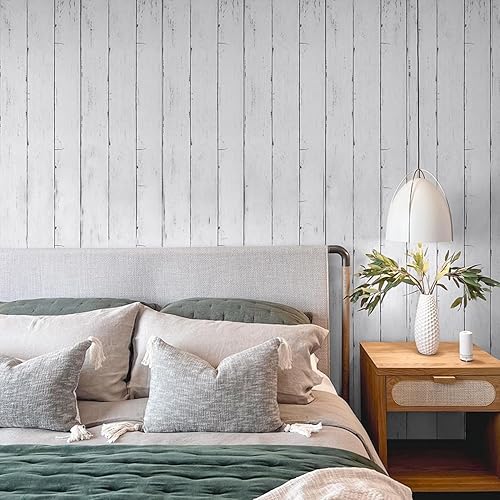 Miniatura 7 de Abyssaly Papel de madera blanco y gris, 35.4 x 196 pulgadas, autoadhesivo, extraíble, despegar y pegar, papel tapiz decorativo para cubrir paredes,