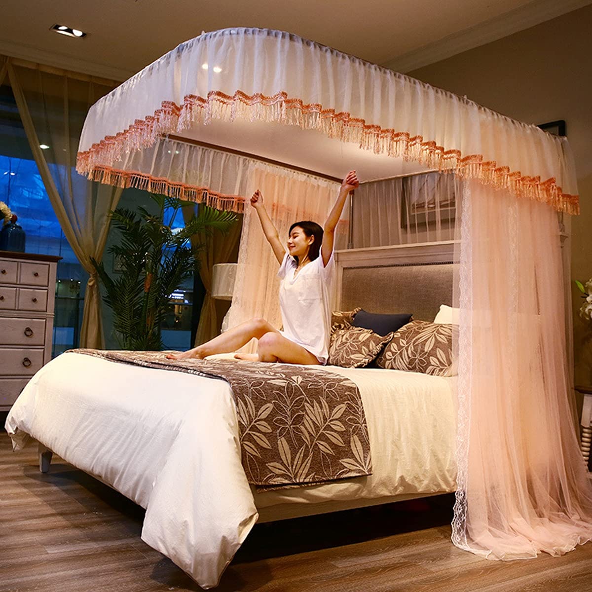 Auvent de lit haut de gamme OKUOKA en dentelle rose pour lit double 1.5M