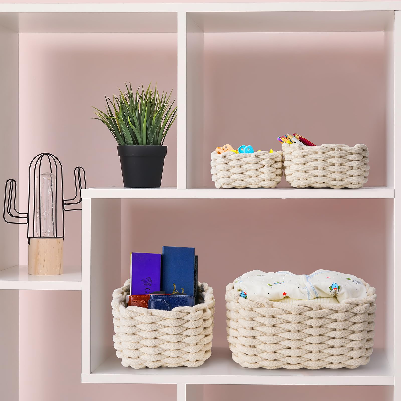 Lannvan 4er Set Aufbewahrungskorb Geflochten Baumwollseil - Korb Aufbewahrung Geflochten - Stapelbare Speicher Storage Basket für Kinderzimmer Wohnzimmer Bad,weiß/Gelb