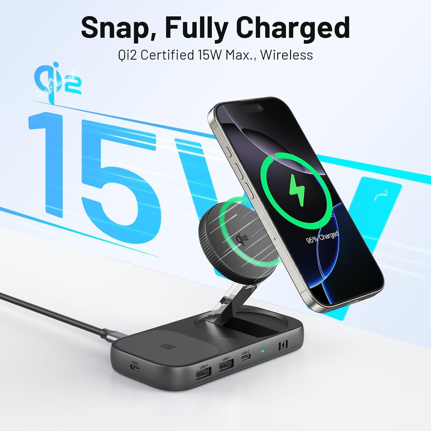 Selore USB C Hub with Wireless Charging for MacBook: 4K@60Hz HDMI, 100W PD, 15W Qi2 + 5W Wireless, 10Gbps Ports, iPhone Mirroring Docking Station & Magsafe Stand, Space-Saving Desk Organizer(Black)