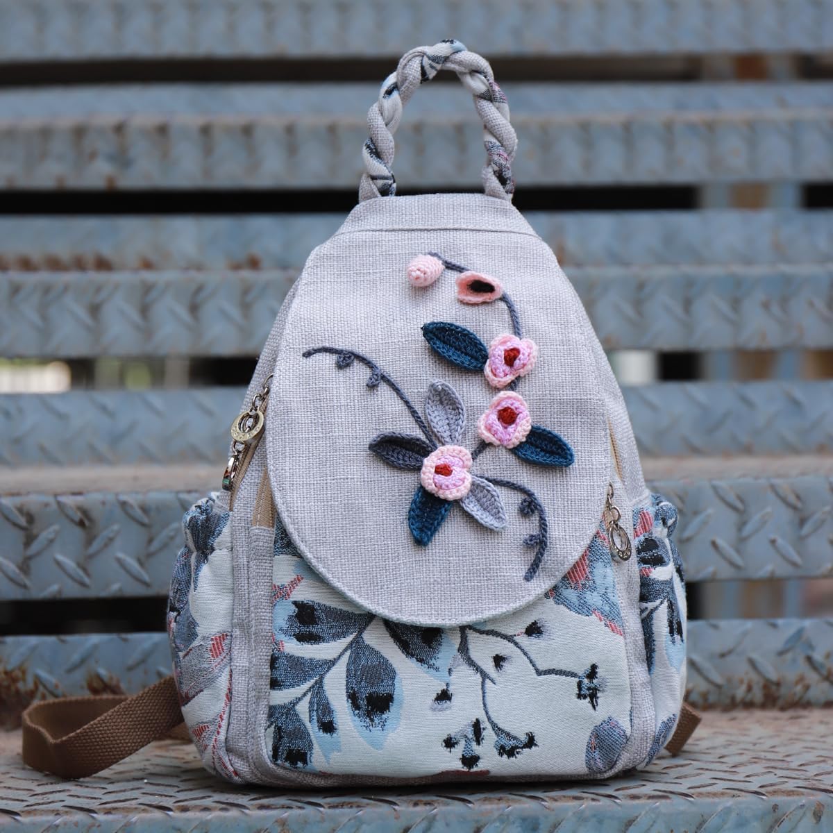 Ladies small backpack wallet, beautiful flowers summer fashion canvas leisure day ladies mini backpack, Beige - Image 8