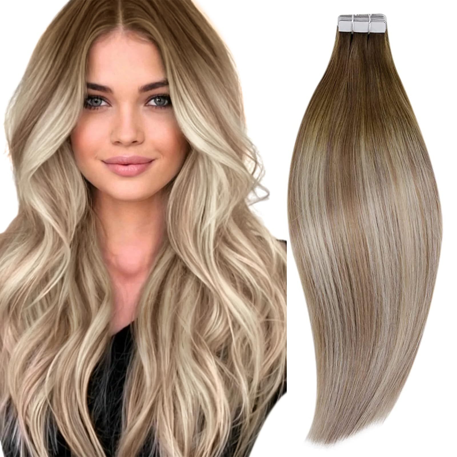RUNATURE Ombre Extensiones Adhesivas Invisibles Cabello Humano Extensiones Natural Adhesivas Marrón Oscuro a Marrón Ceniza y Rubio Adhesivo Extensiones Pelo Remy 16 Pulgadas/40cm 20pcs/50g #3/8/22