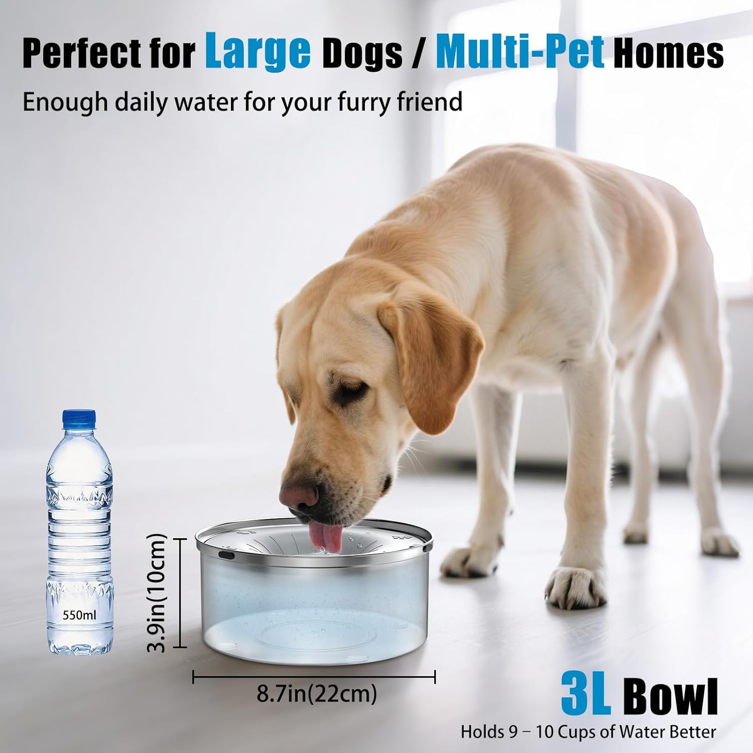 SCHITEC Dog Water Bowl No Spill 3L/0.8 Gallon Slow Drinking Anti-Splash Stainless Steel Dog Bowl with Floating Disk, Spill Proof Pet Travel Water Dispenser for Sloppy Messy Drinkers(Light Gray)