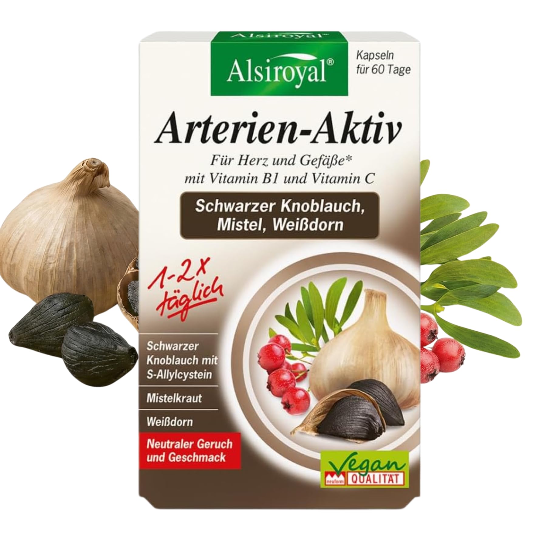 Alsiroyal Schwarzer Knoblauch · hochdosiert 22.500 mg pro Tag mit S-Allylcystein · 45:1 Extrakt · 3-fach-Formel schwarzer Knoblauch, Mistel, Weißdorn · vegan, ohne Zusatzstoffe