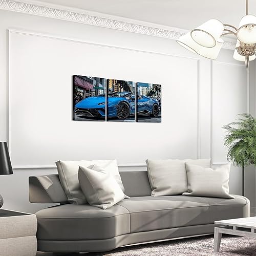 Miniatura 3 de Erosebridal Juego de 3 lienzos de pared de automóvil azul para decoración de habitación de niños y hombres, decoración de pared para dormitorio,