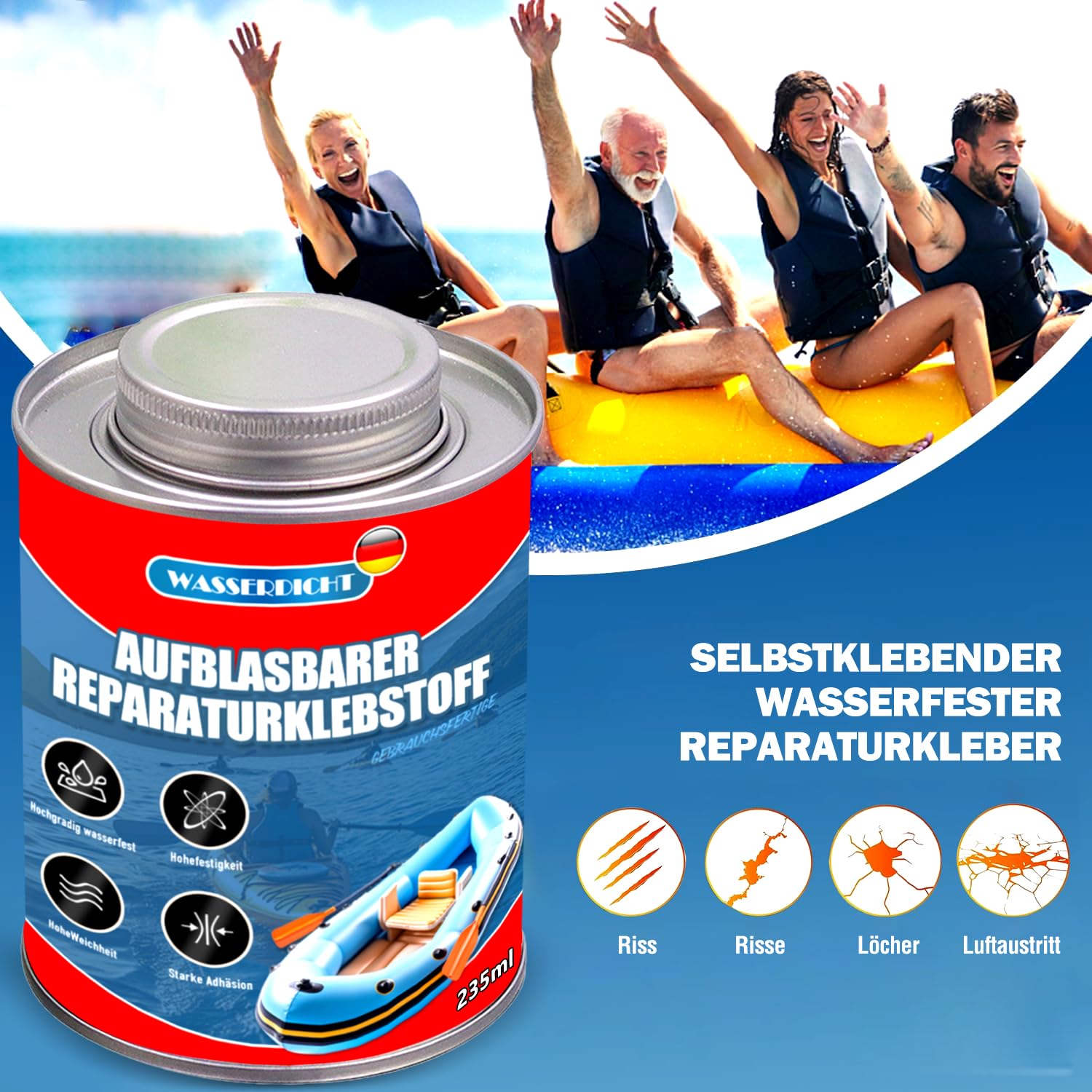 235ml Schlauchboot Reparatur Kleber Extra Stark, PVC Reparaturkleber, mit Pinsel und Anleitung, wasserdicht & transparent, für Zelte, Planen, Poolfolien, Dachbahnen & Outdoor-Ausrüstung