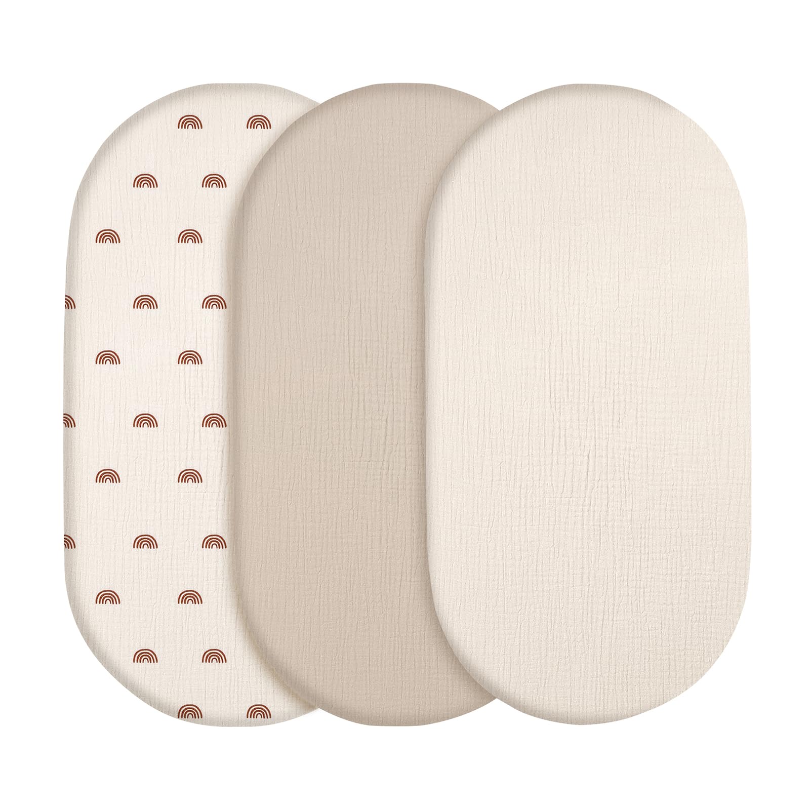 Drap Housse en Mousseline 80x40cm Lot de 3, 100% Coton Draps Housses pour Couffin, Draps de Berceau pour Matelas Ovale, Sablier et Rectangulaire, 70x35 78x36 80x40 cm, Arc-en-Ciel | Lot de 3 draps-housses 100 % mousseline de coton, doux et respirants pour