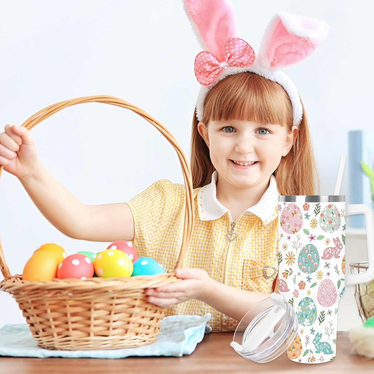 Easter Tumbler with Handle 40oz Easter Egg Bunny Flowers Tumbler with Lid and Straw Colorful Holiday Stainless Steel Cup for Easter Spring Home Office Travel - Image 6